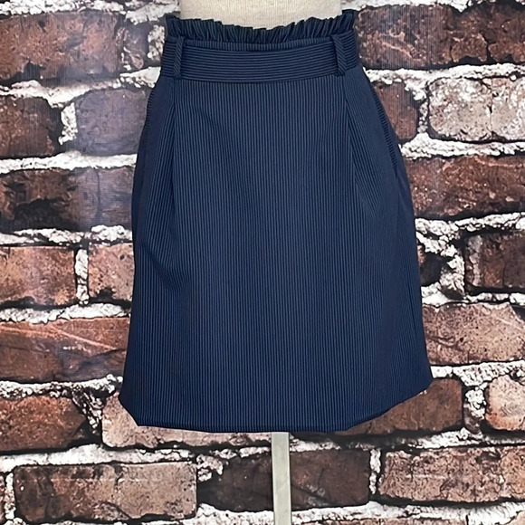 Oliver Bonas Skirt Paperbag Waist Blue Pinstripes Pockets Knee Length 14 - Picture 4 of 15